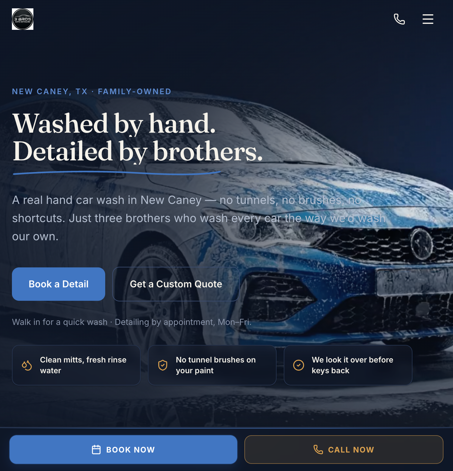 The live 3 Bros Auto Detailing home page: 'Washed by hand. Detailed by brothers.' with a Book a Detail button.